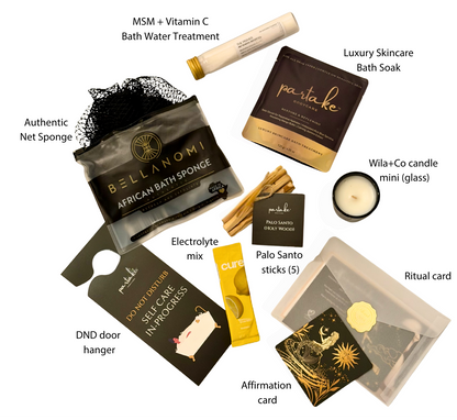 Collection of The Skincare Soak bath and body products with text 'The RESET Bath Ritual' on a white background.